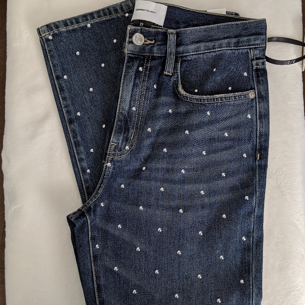 Current/Elliott Vintage Cropped Slim Jeans High Rise Studded Dark Blue 27 NWT